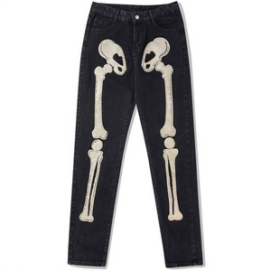 Human Skeleton Skinny Jeans Men flocking Pants For Mens applique Hallowmas Slim Fit Denim Original Men Trousers