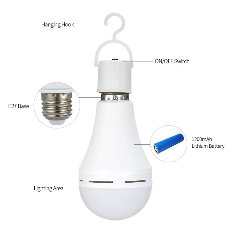 Plastic 7W E27 B22 Two Battery Powered Rechargeable Led Emergency Bulb Energy Saving Indoor Lighting