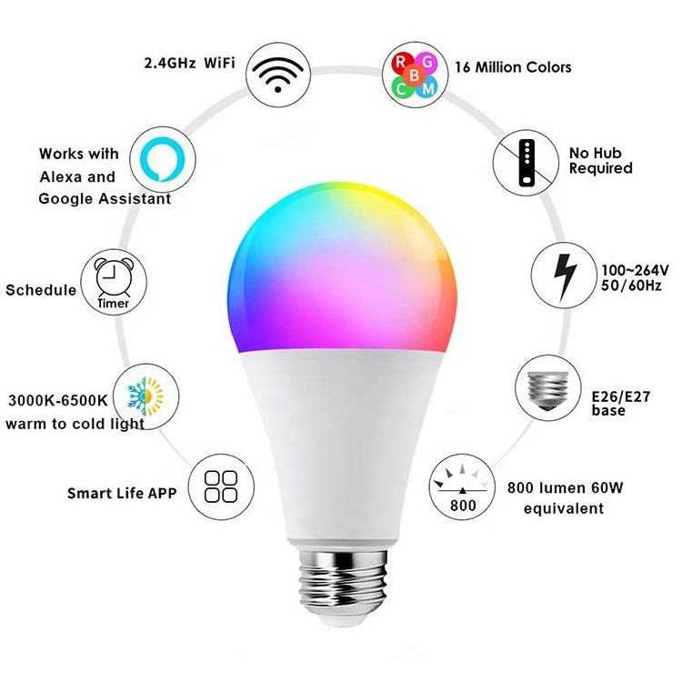 Hot Sale Popular Alexa and Google WiFi Led Bulb 9W 10W RGB Smart LED Light Bulbs