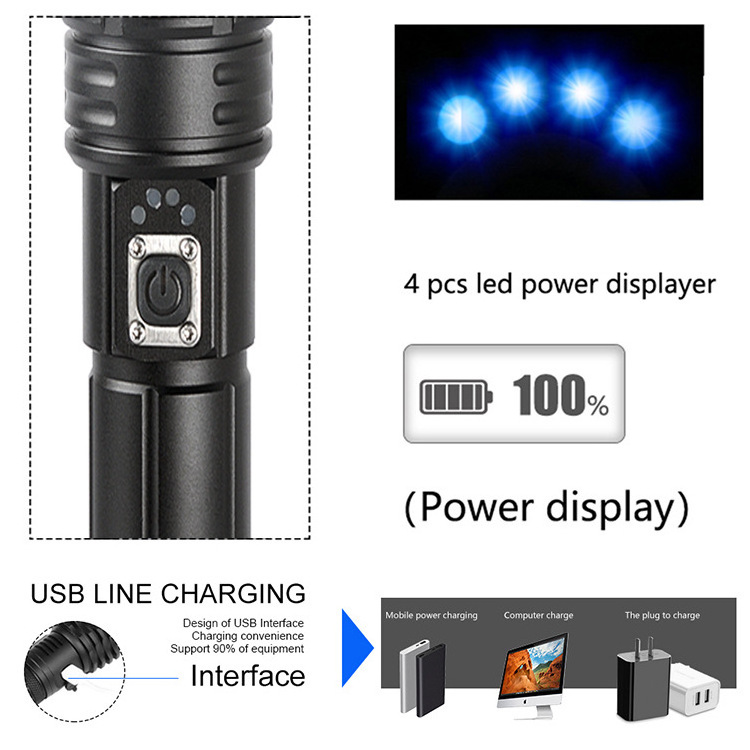 Rechargeable Powerful Repellent Torch Tactical Strong White Laser USB Charging Power Display Dimmer Waterproof Flashlight