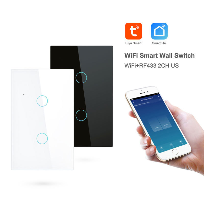 Hottest Tuya Smart Life App Control 2 Gang US WIFI Smart Light Wall Touch Smart Switch Work With Alexa Google Home PST-WT-U2