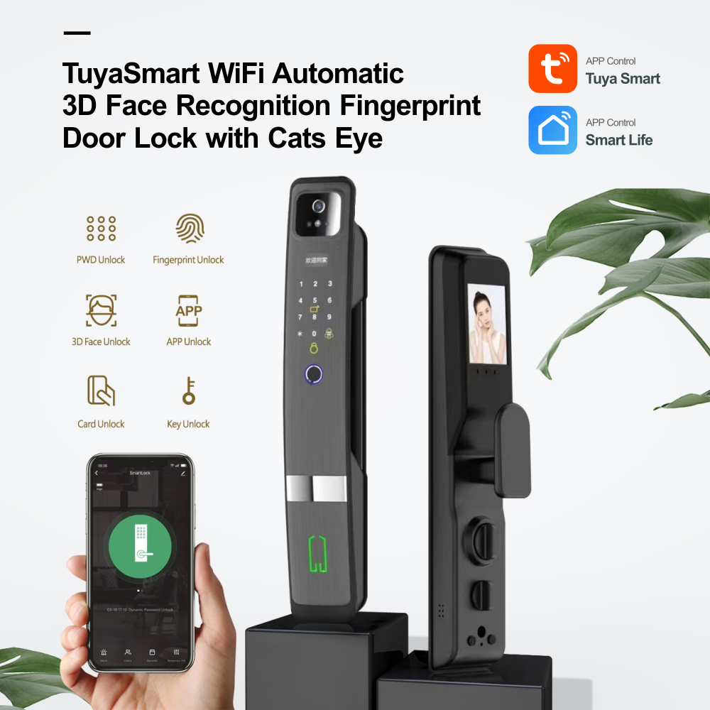 Automatic 3D Face Recognition Fingerprint Electronic Smart Door Lock Tuya Wifi APP Remote Control With Cat Eye Camera PST-H20-P