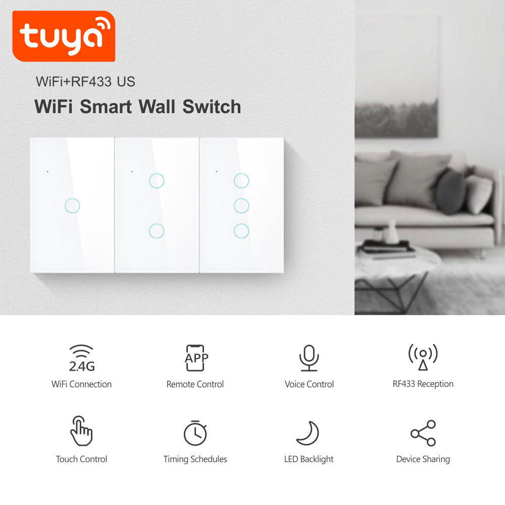 China Factory Price US Standard 2CH WIFI Tuya Smart Touch Switch WiFi Smart Touch Wall Light Switch 2 Gang Switch PST-WT-U2