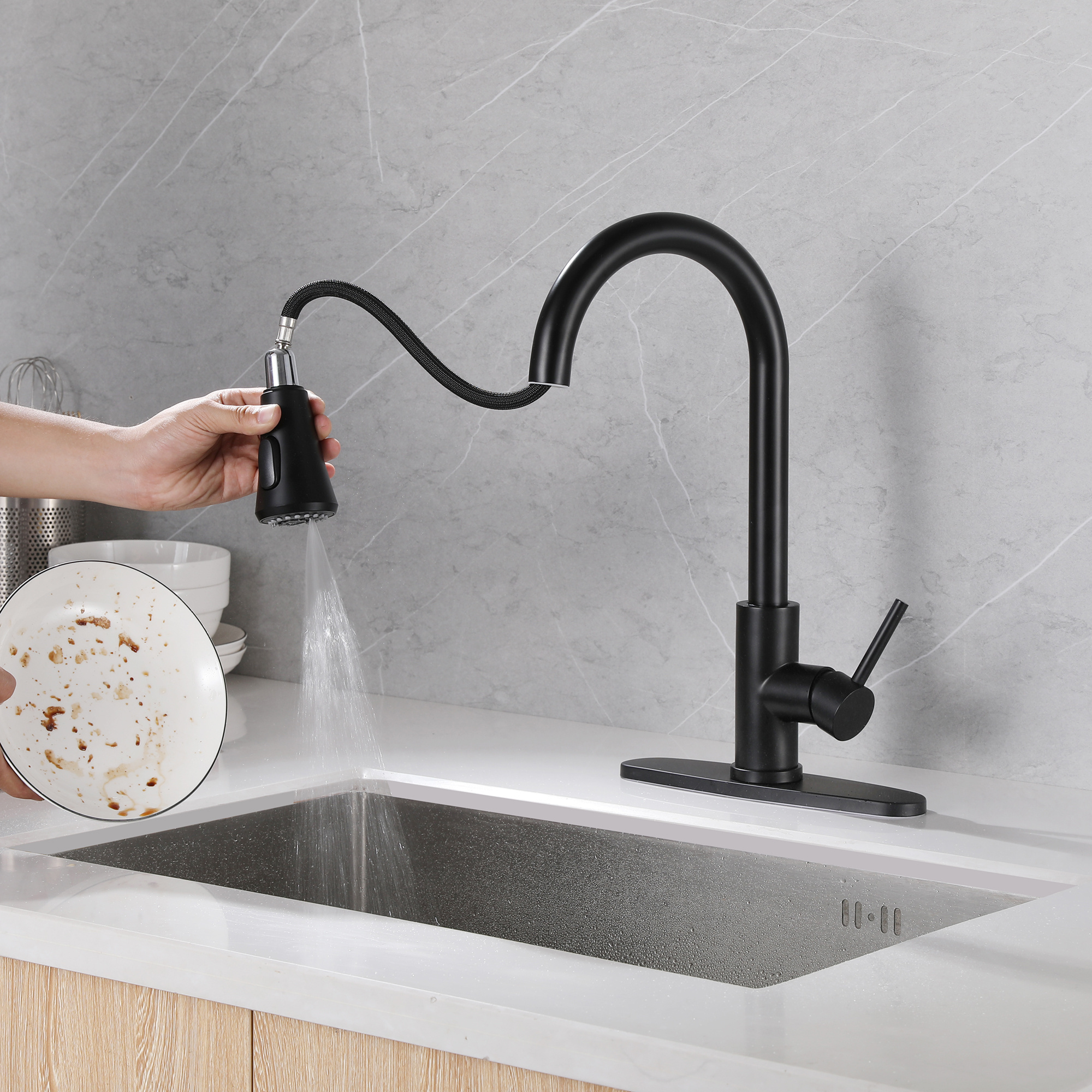 popular design classical style 304 stainless steel pull down three function sprayer kitchen faucet