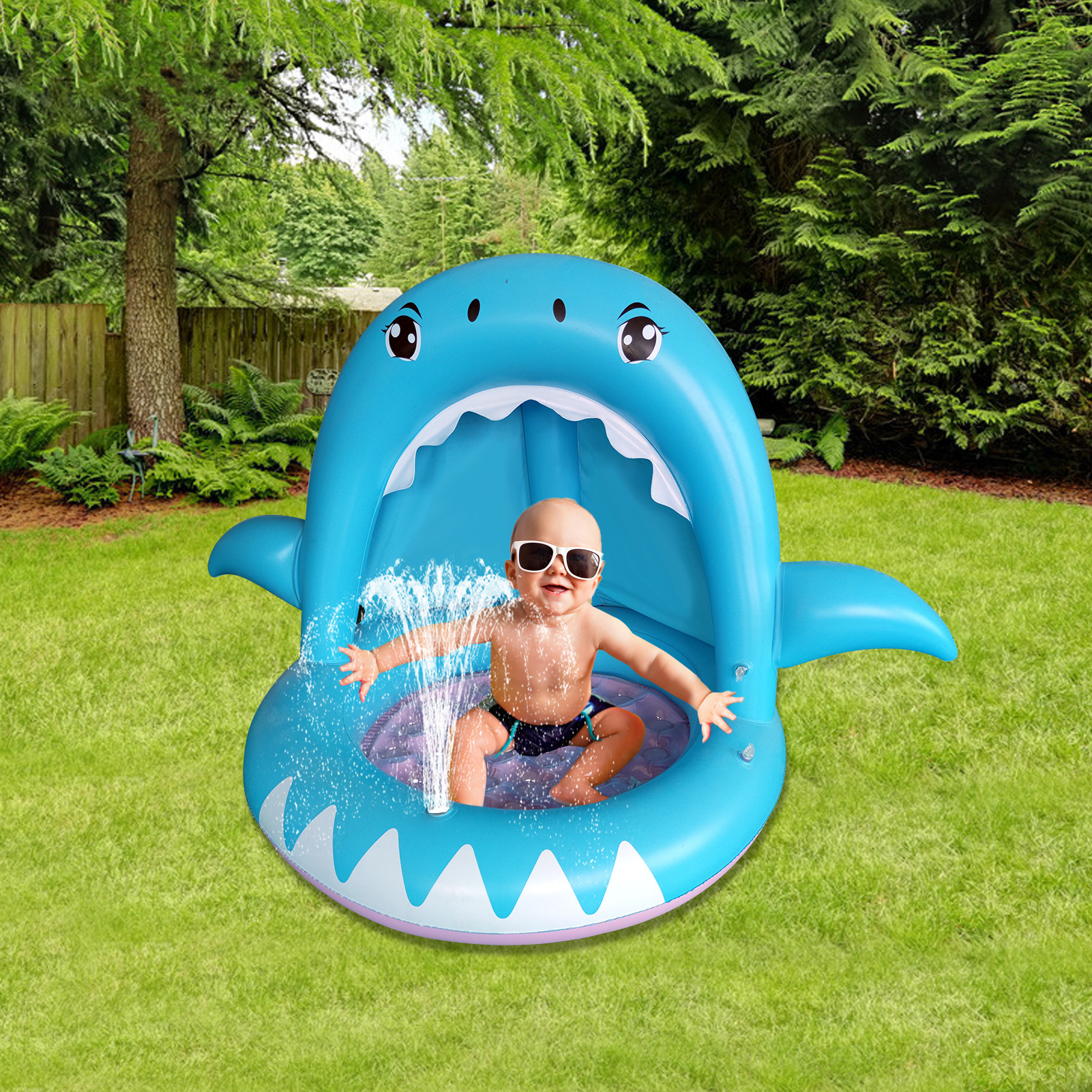 tiburon Piscina Inflable para Bebes Hinchable Infantil,  Splash Pool para Ninos Aspersor de Juego