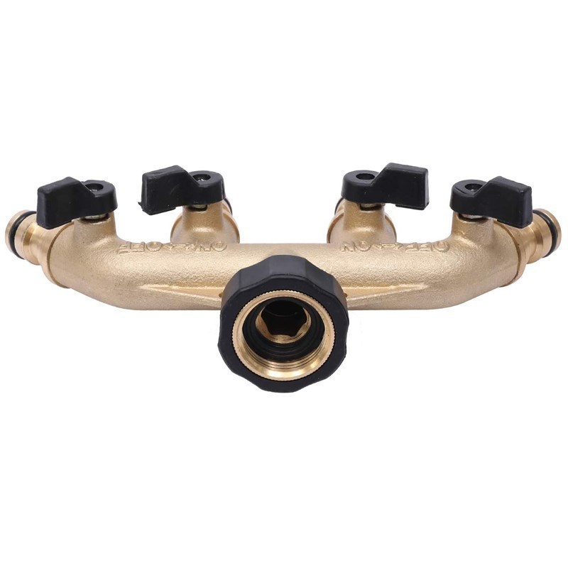 Wholesale 4 Ways Heavy Duty Solid Brass Water Pipe Fittings Garden Hose Splitter Water Hose Spigot Adapter Metal Shut Off Valves