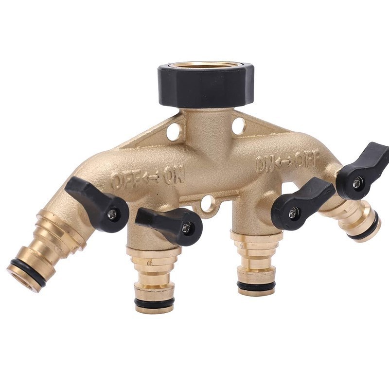 Wholesale 4 Ways Heavy Duty Solid Brass Water Pipe Fittings Garden Hose Splitter Water Hose Spigot Adapter Metal Shut Off Valves