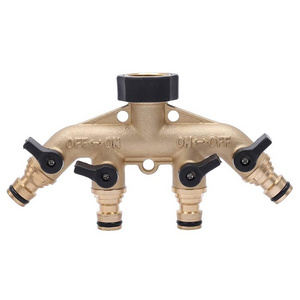 Wholesale 4 Ways Heavy Duty Solid Brass Water Pipe Fittings Garden Hose Splitter Water Hose Spigot Adapter Metal Shut Off Valves