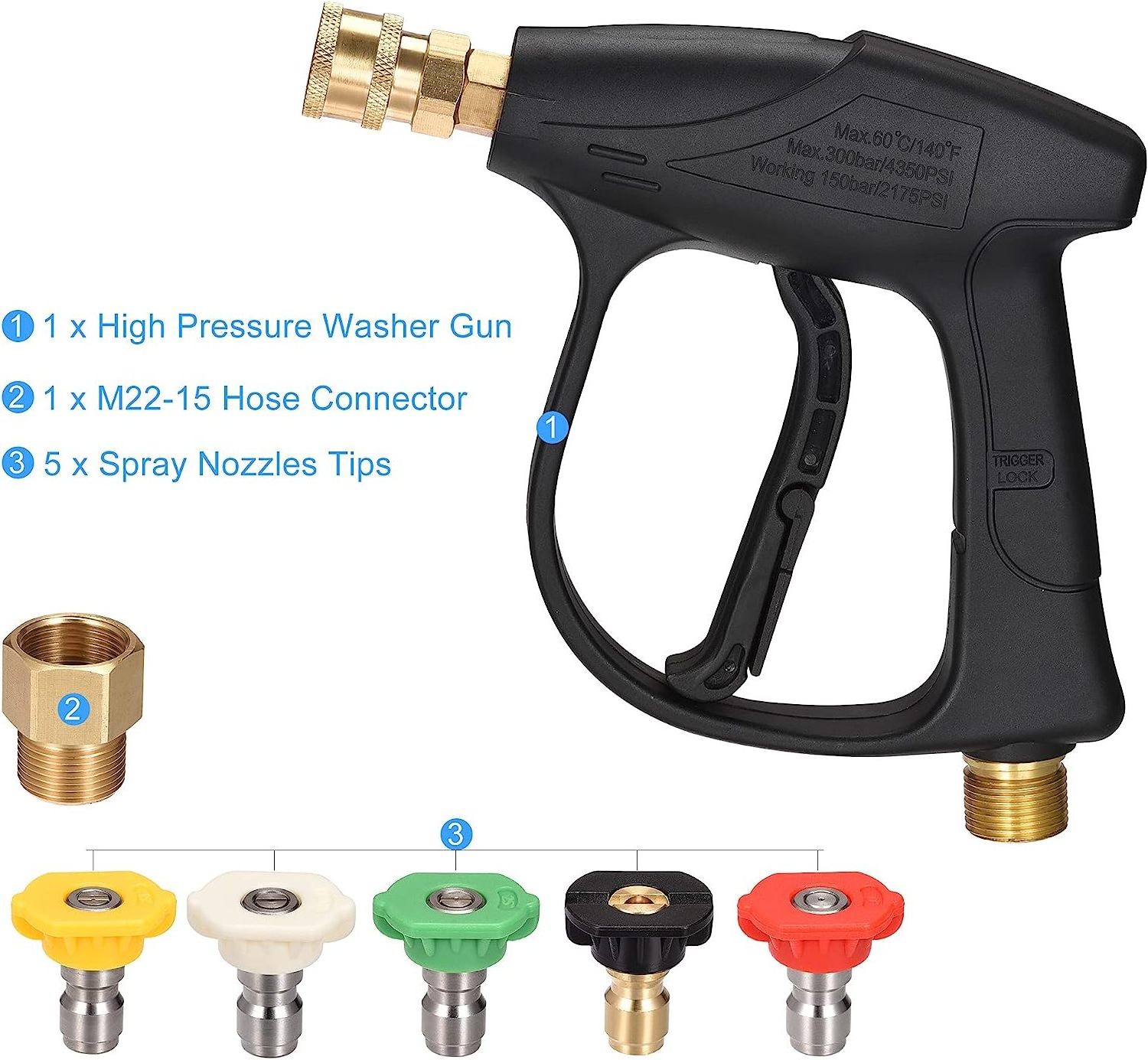 OEM Power Car Washer Gun Short Portable High Pressure Washer Gun Kit with 5 Spray Nozzle Tips High Pressure Washer Trigger Guns