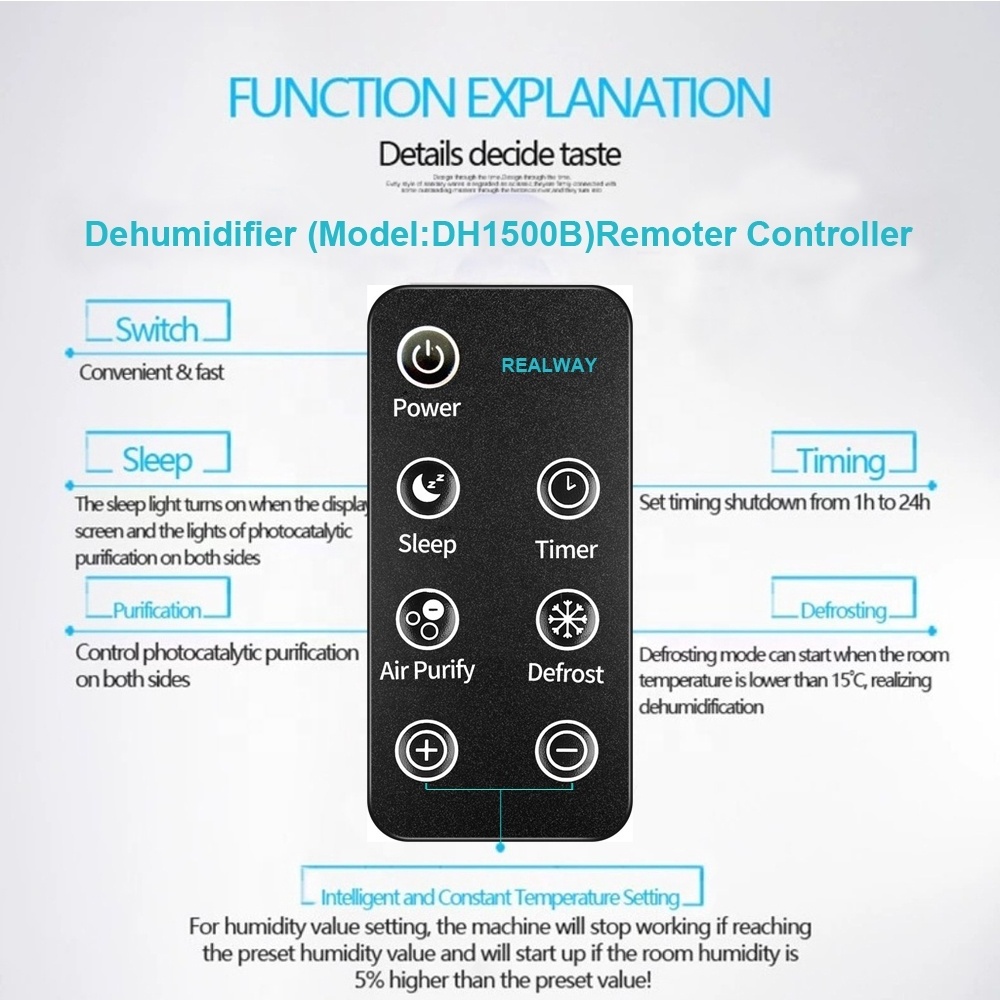 Manufacturer 1500ML Moisture Absorb dryer machine Basement for Home Closet Air LED UV Light Remote Controller Mini Dehumidifier