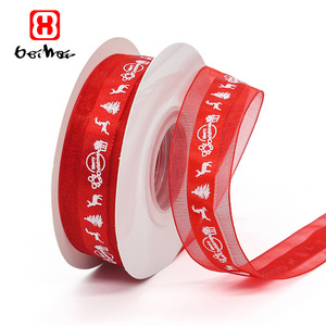 Hot Selling Festival Style  25 mm Single Face Screen Printed Logo Satin  Organza Edge Ribbon Christmas Gift Ribbon For Gift Pack