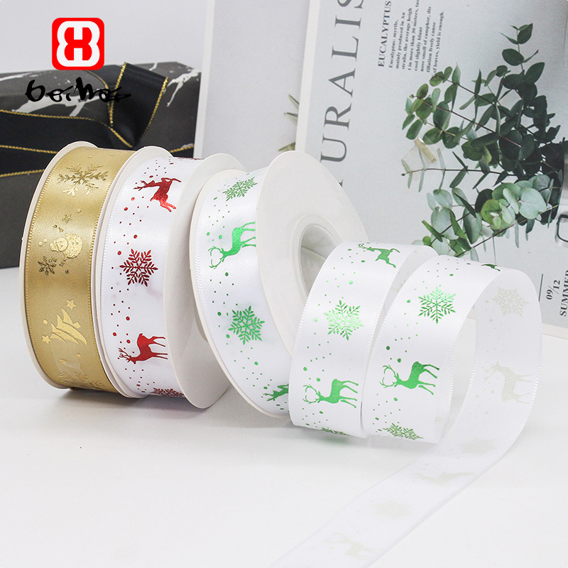 Factory  Wholesale Customized Christmas  Ribbons 100% Polyester Single Face Gold Foil Logo  Luxury Ribbons For Gift Wrap