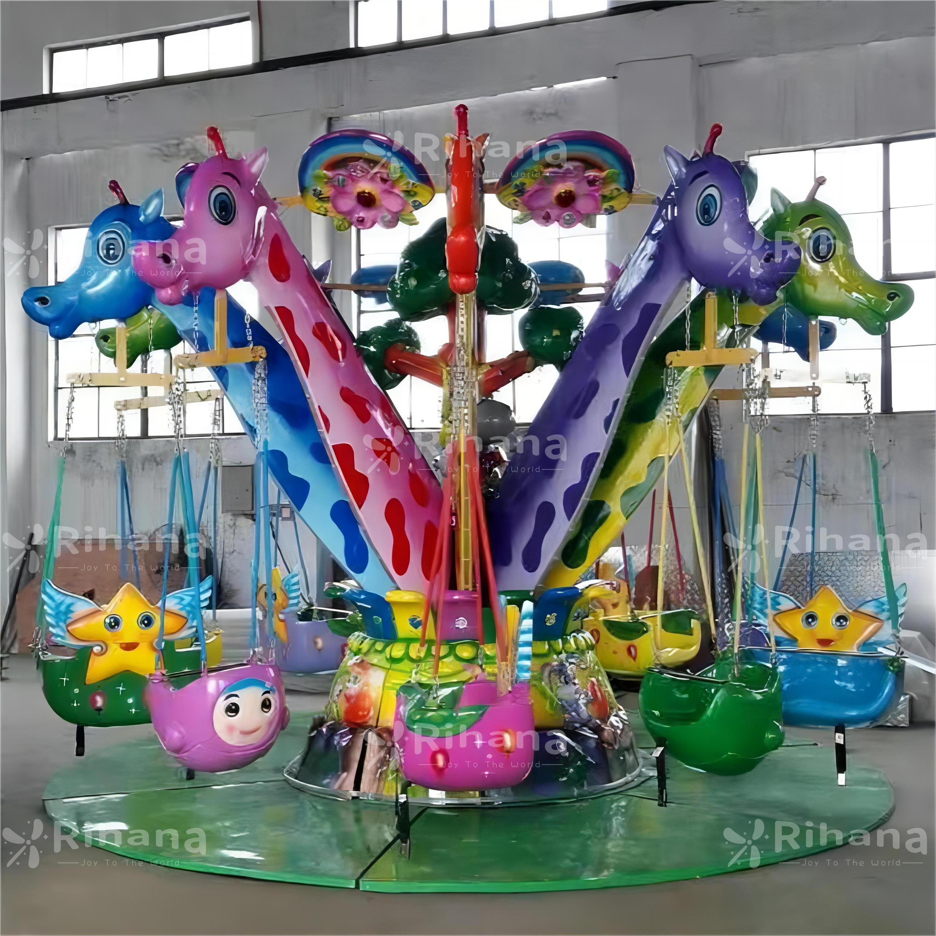 2023 Popular Cheap Children's 12 Seat Giraffe Theme Flying Chair Cartoon Rotating Lift Flying Chair for Sale