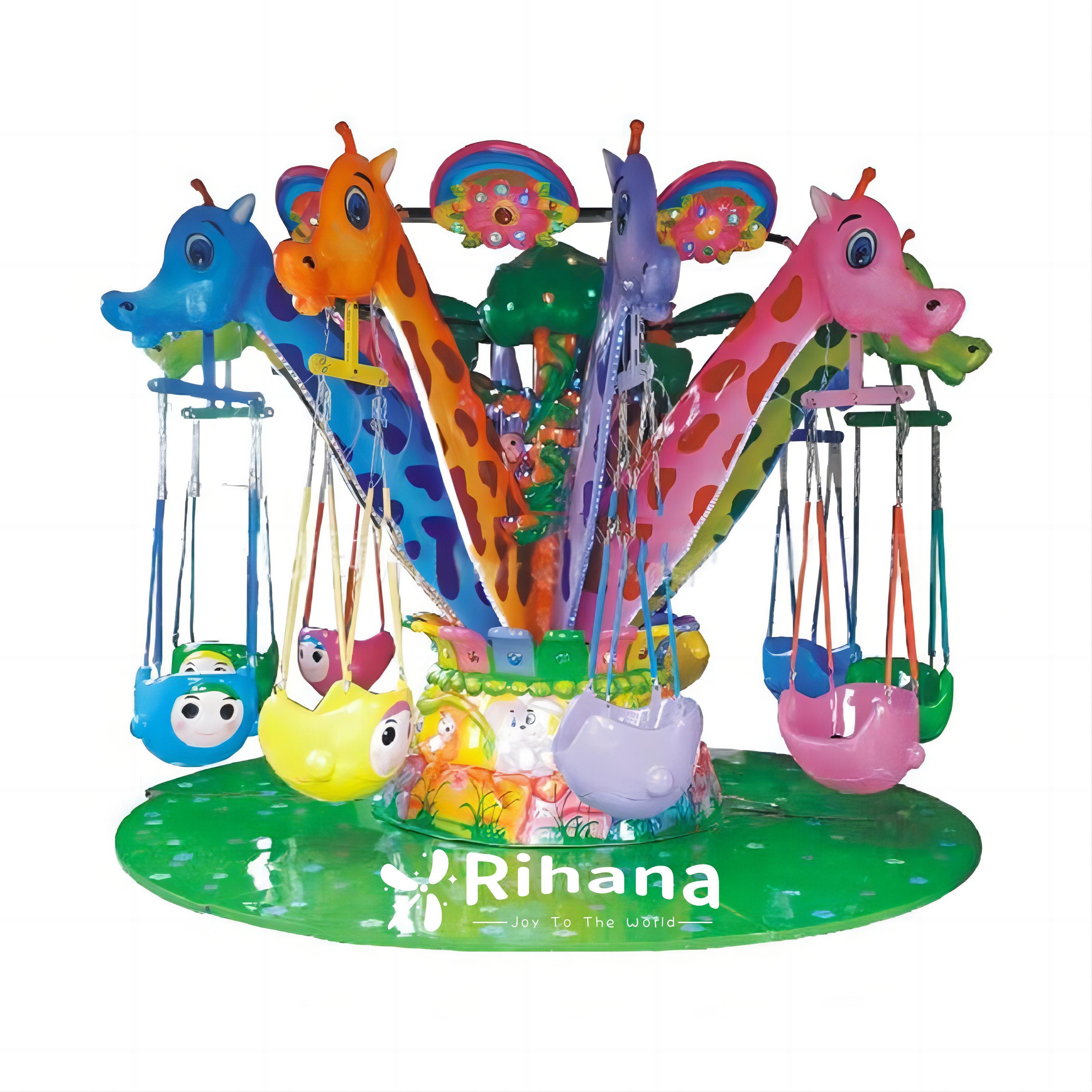 2023 Popular Cheap Children's 12 Seat Giraffe Theme Flying Chair Cartoon Rotating Lift Flying Chair for Sale