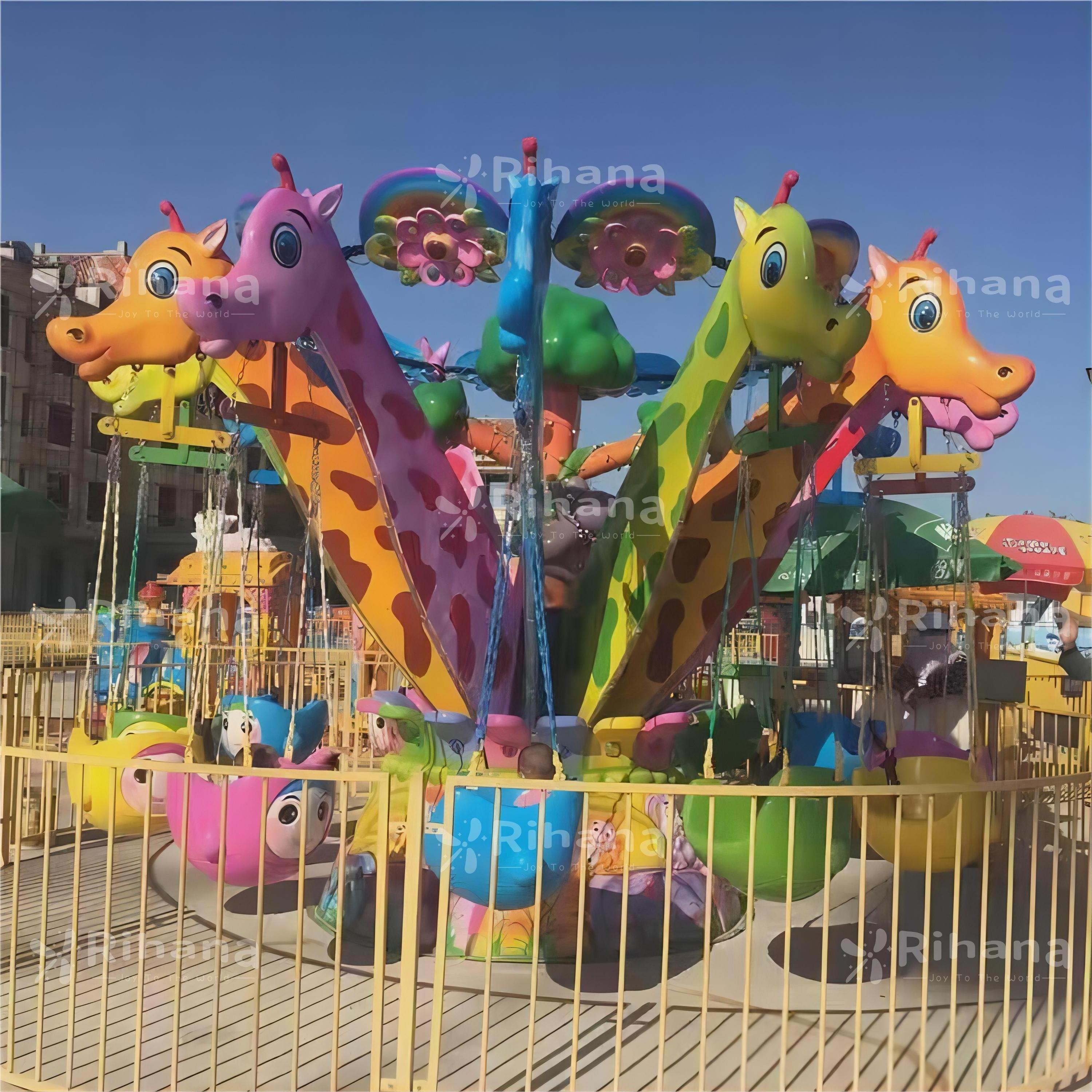 2023 Popular Cheap Children's 12 Seat Giraffe Theme Flying Chair Cartoon Rotating Lift Flying Chair for Sale