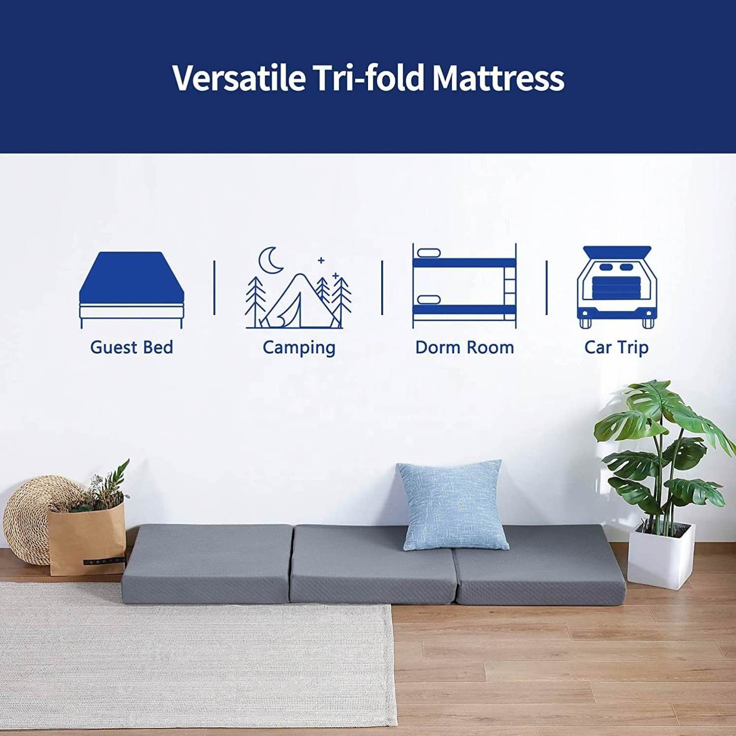 Memory Foam Foldable Mattress Tri-Folding Mattress Portable Mattress Floor Bed Couch for Guest