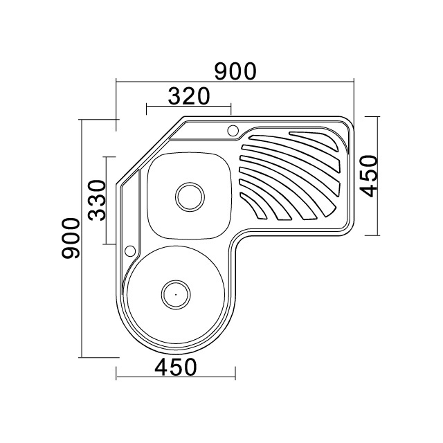 900*900mm corner stainless steel 304# kitchen sink with drain board