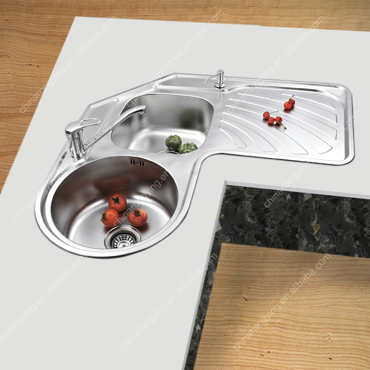 900*900mm corner stainless steel 304# kitchen sink with drain board