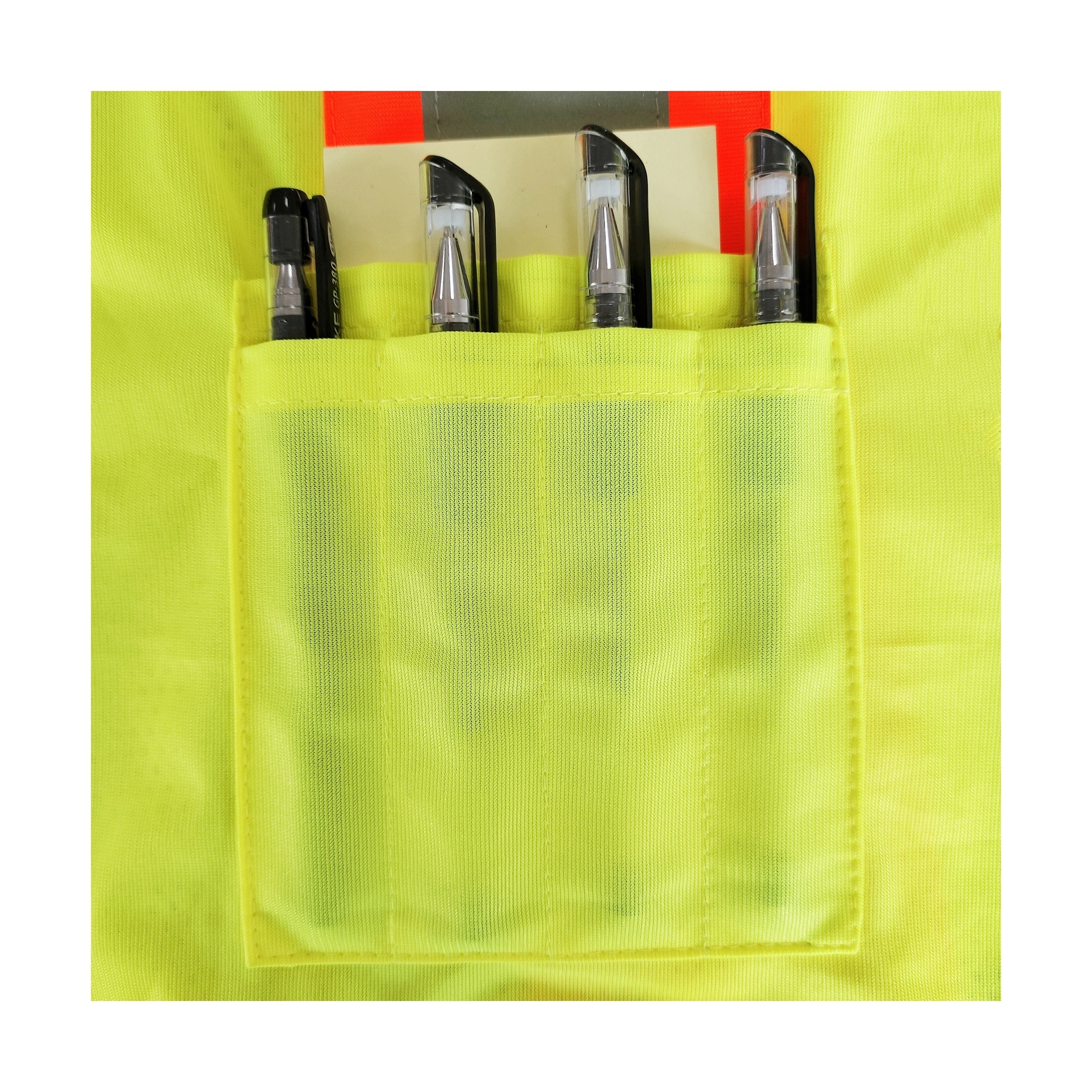 ANSI Class 2 safety vest mesh with seven outside polyester solid pockets one outside chest PVC pocket zipper closure vest