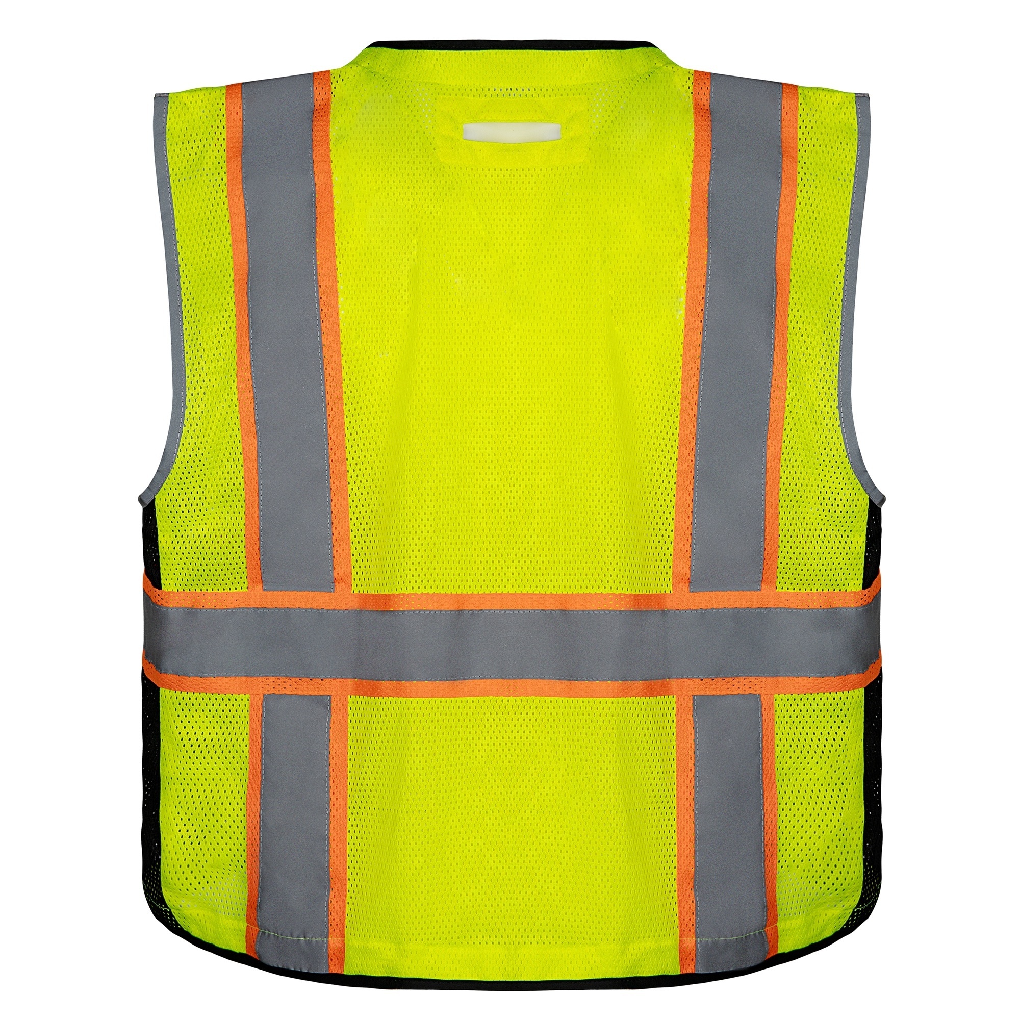 ANSI Class 2 safety vest mesh with seven outside polyester solid pockets one outside chest PVC pocket zipper closure vest