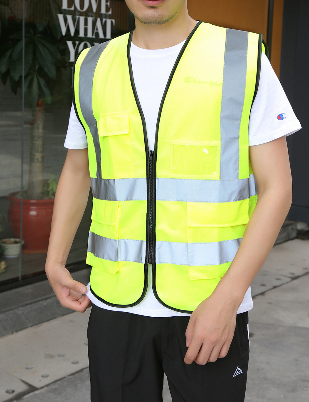 High Visibility Zipper Front safety vest reflective construction workwear Reflective basic surveyor safety vest with 4 pocket