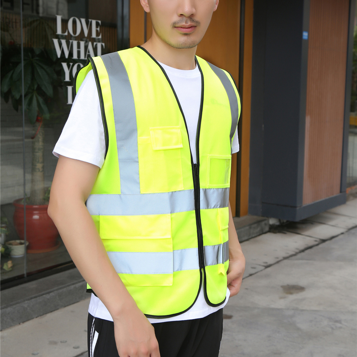 High Visibility Zipper Front safety vest reflective construction workwear Reflective basic surveyor safety vest with 4 pocket