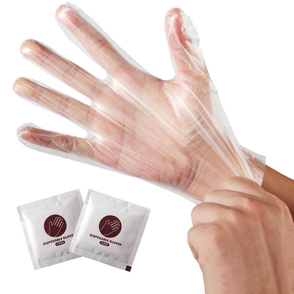 Individually Wrapped 2 pcs Disposable Hand Gloves Transparent Disposable Poly Gloves PE Plastic Gloves for Food Prep Cooking