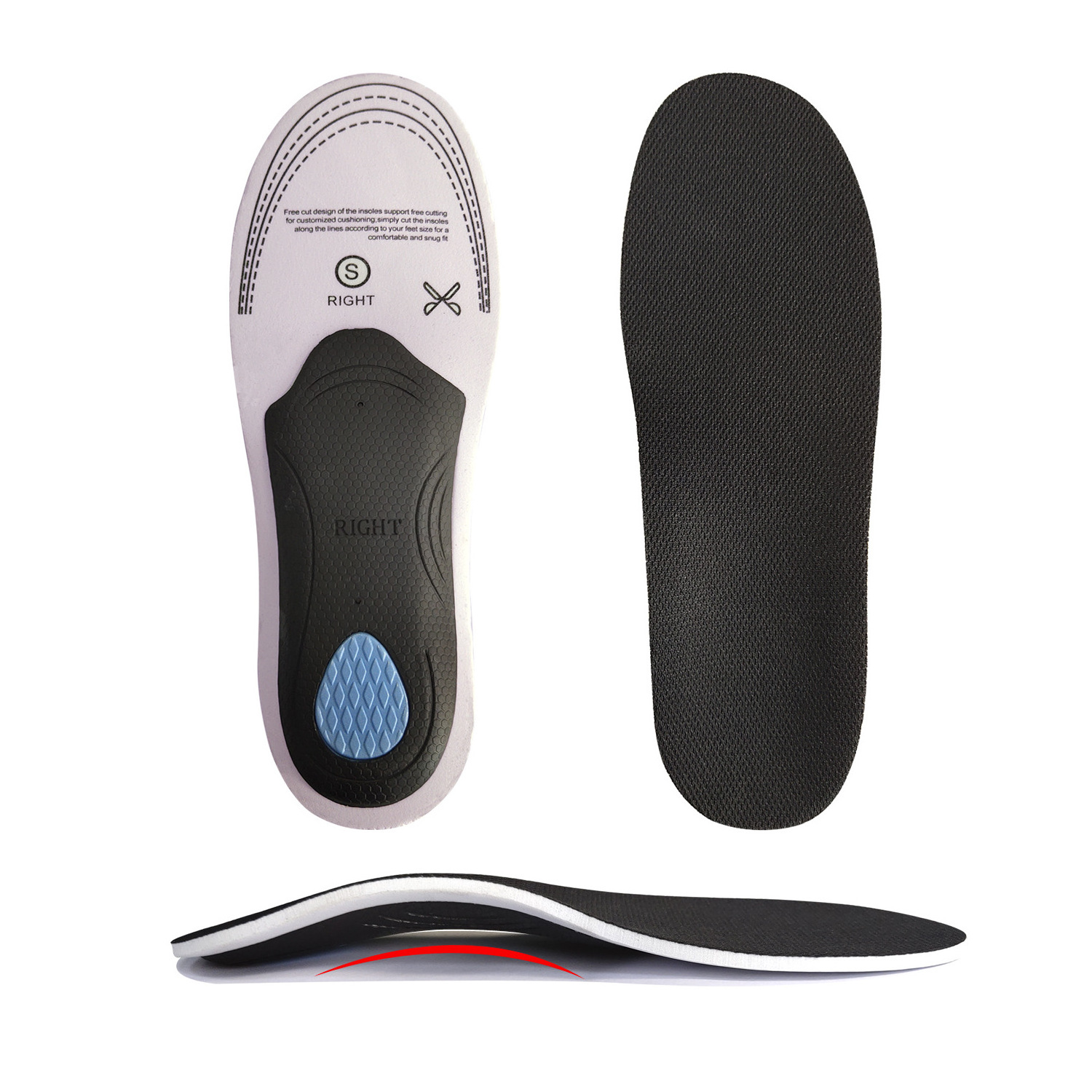 Flat foot arch support walking running insoles TPR orthotic black shoe inserts