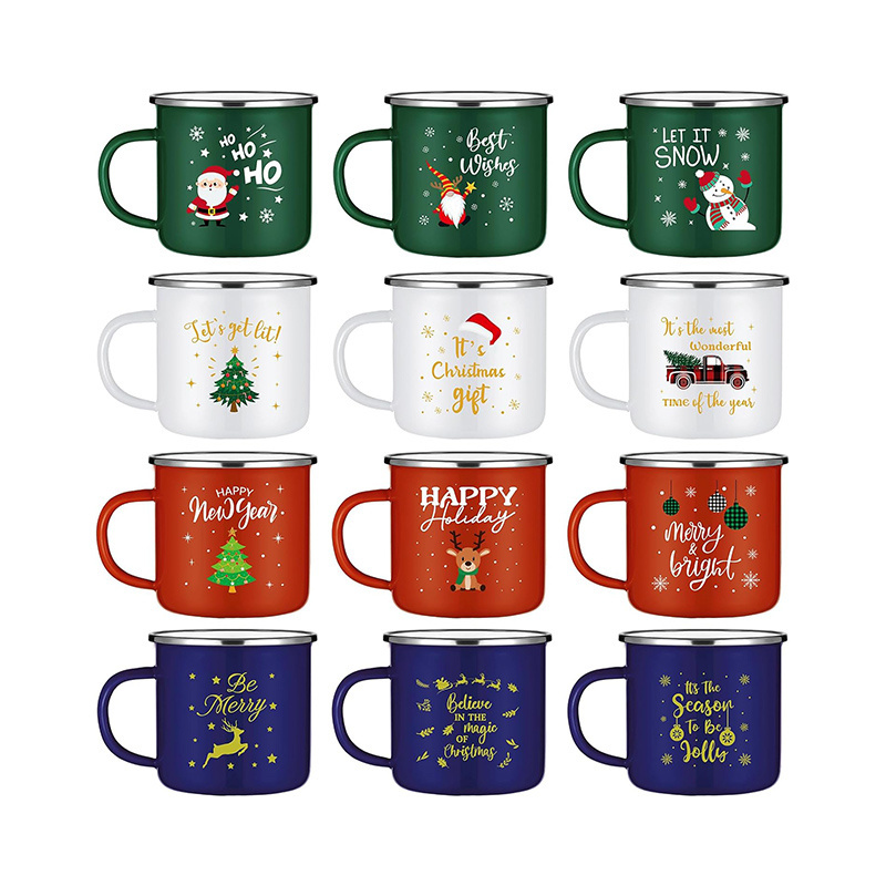 12 oz Christmas Coffee Mug Campfire Enamel Santa Elk Snowman Merry Christmas Mugs Kids Camping Christmas Cups