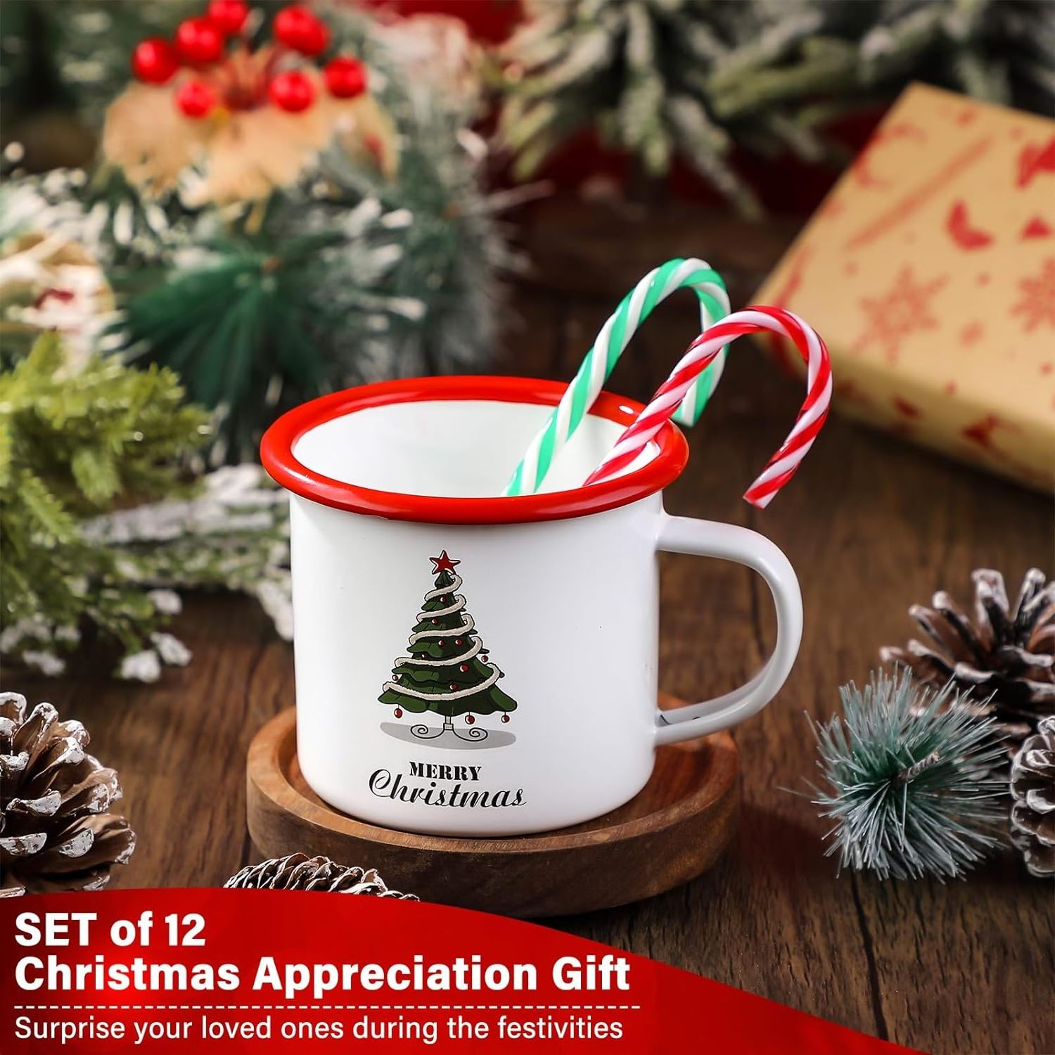 12 oz Enamel Mugs Xmas Holiday Coffee Cups Merry Christmas Outdoor Camping Mug Cup Gifts for Friends Kitchen Decoration