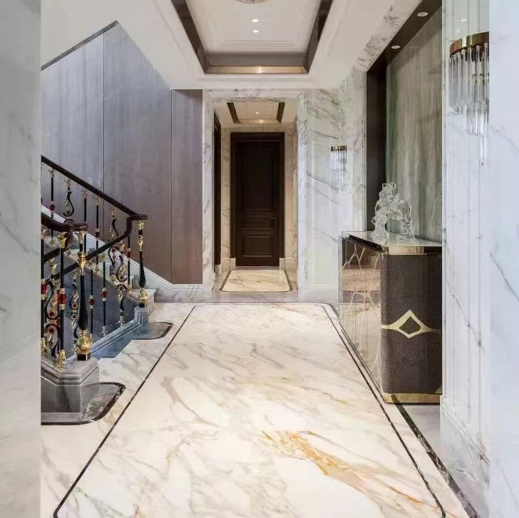 artificial Calacatta Borghini White marble with golden veins stair step stone cut to size faux quartz slabs