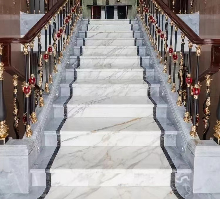 artificial Calacatta Borghini White marble with golden veins stair step stone cut to size faux quartz slabs