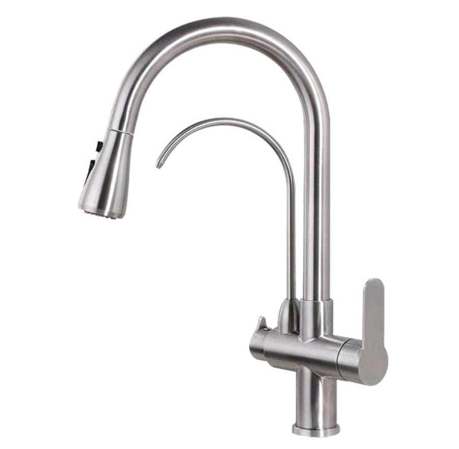 Stainless Steel 304 Three Ways Pull-out Kitchen Faucet With Purified Water Flow Filter System