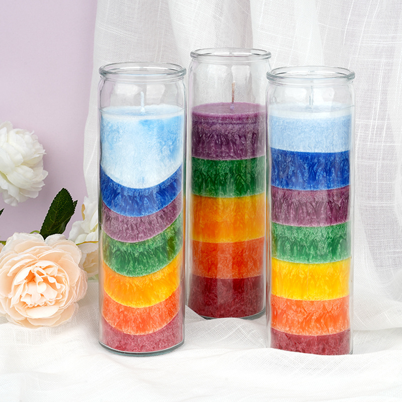 Wholesale 7 days Glass Rainbow Color Candles Long Burning Religious Candles