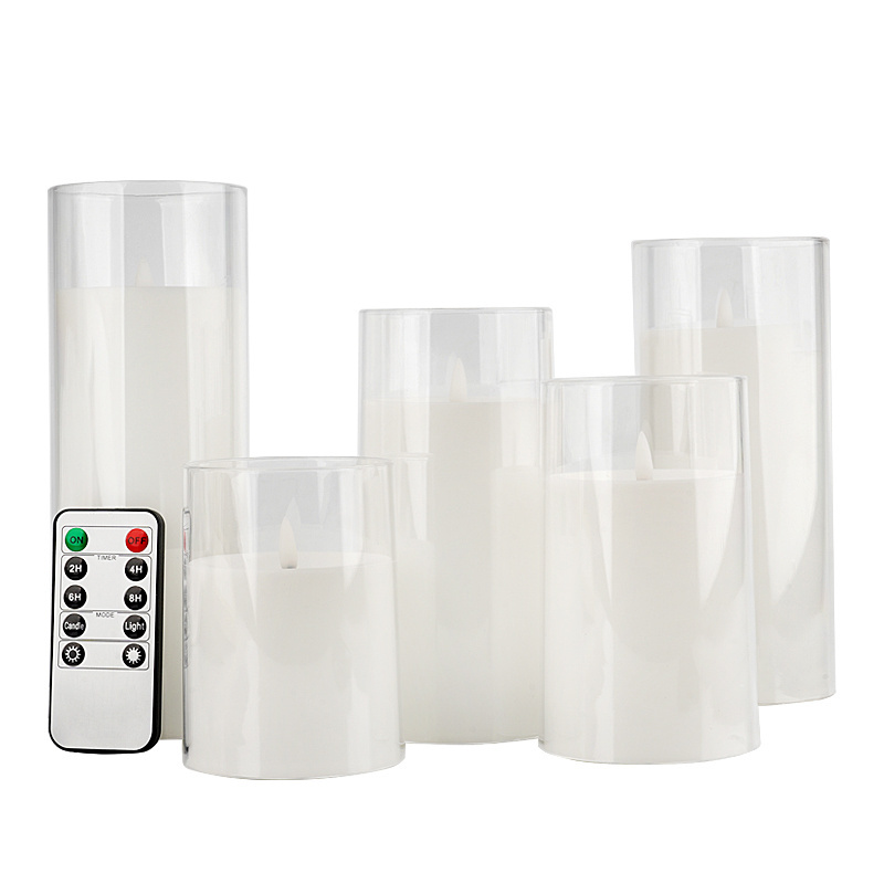 Battery Powered Flameless Lighting Flickering Pillar LED Candle In Clear Acrylic Electronic Candles With Remote Control