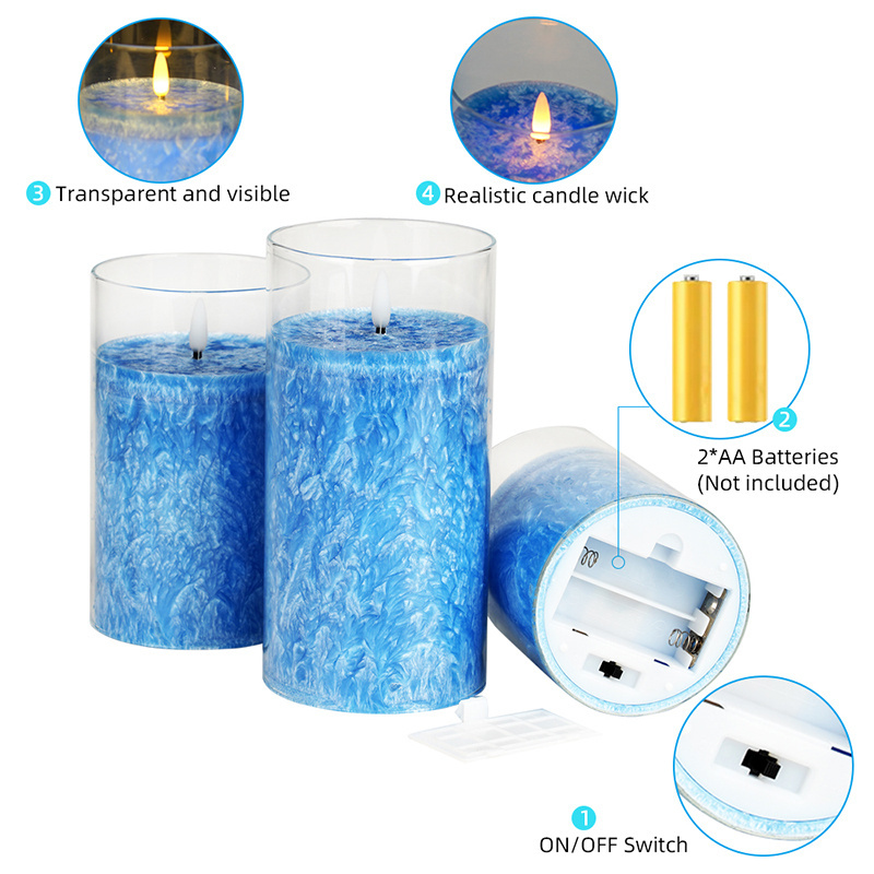 Blue Crystalline Wax LED Candles Pillar Appearance LED Velas Church Temple Home Decoration LED Candle with Remote Control