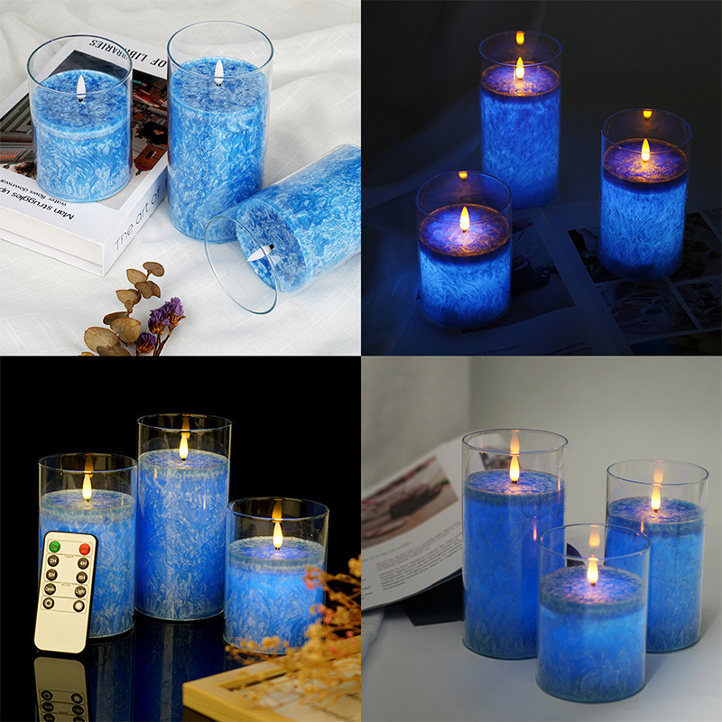 Blue Crystalline Wax LED Candles Pillar Appearance LED Velas Church Temple Home Decoration LED Candle with Remote Control