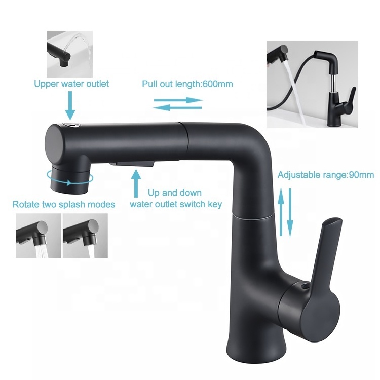 High Quality Bathroom Sink Faucets Black Brass Multi Function Pull Down Basin Faucets