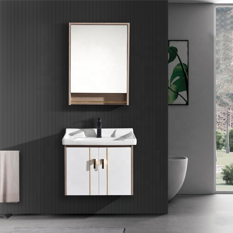 New Design PVC Bathroom Cabinet 24 Inch Small Vanity Hotel Furniture Modern Rectangle 1 Set Mobile Bagno Con Specchio Plywood