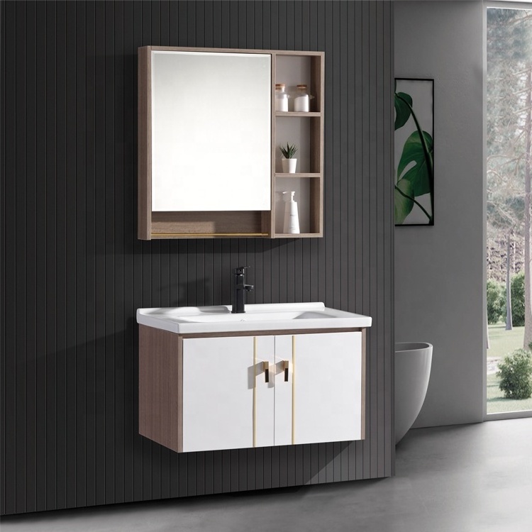 New Design PVC Bathroom Cabinet 24 Inch Small Vanity Hotel Furniture Modern Rectangle 1 Set Mobile Bagno Con Specchio Plywood