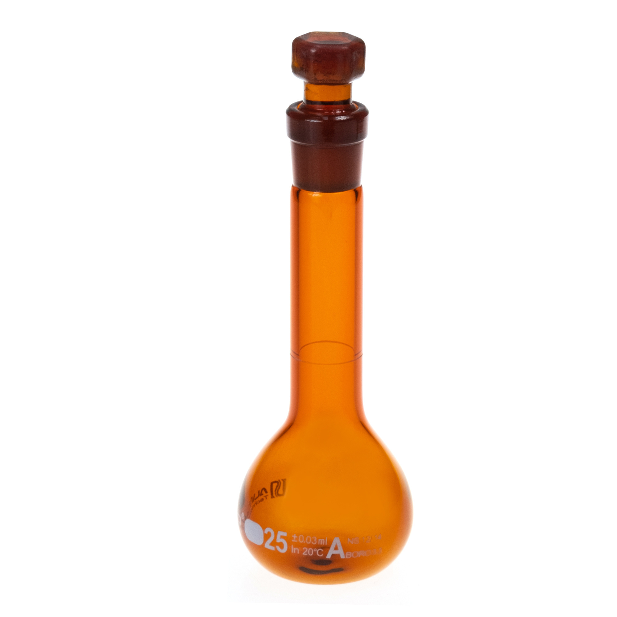 20mL NS10/13 Amber Glass Volumetric Flask Class A with Glass Stopper and ALWSCI Logo . 3.3 Borosilicate.