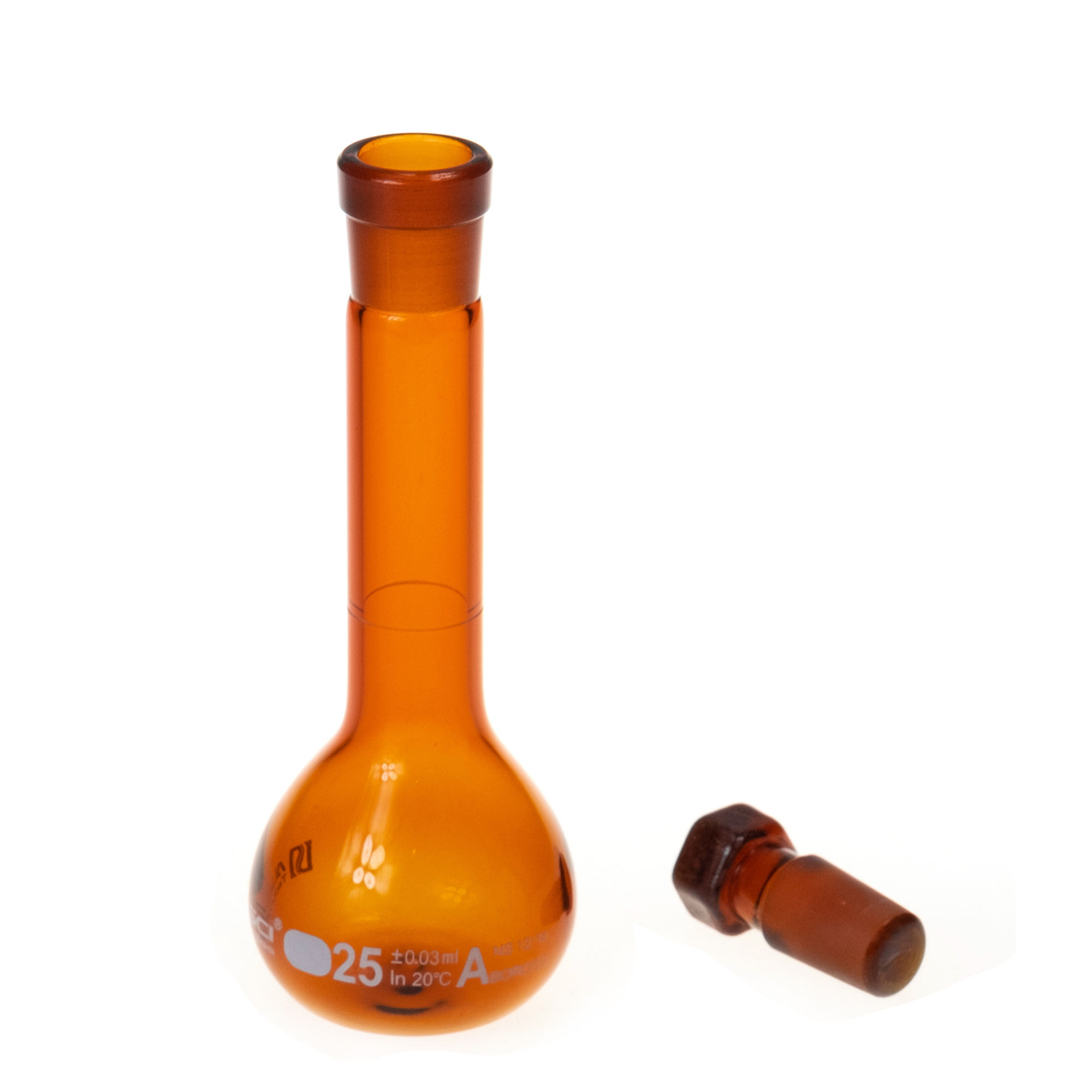 20mL NS10/13 Amber Glass Volumetric Flask Class A with Glass Stopper and ALWSCI Logo . 3.3 Borosilicate.