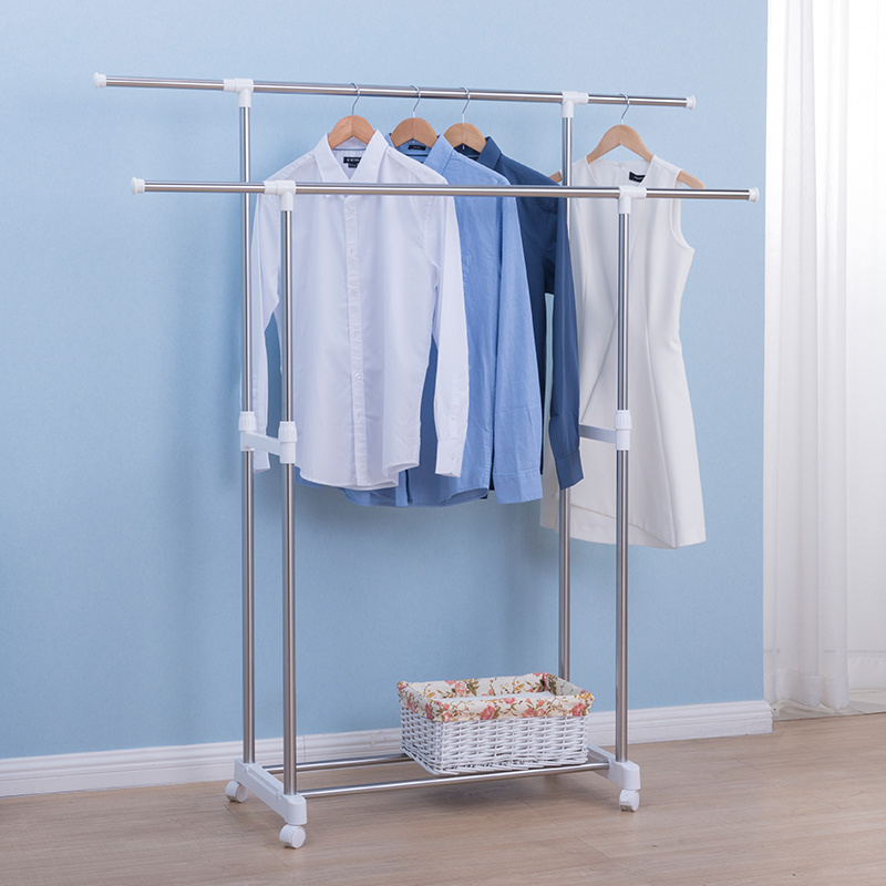 Double Pole Large Capacity Hanging Clothes Display Drying Garment Rolling Rack Stands