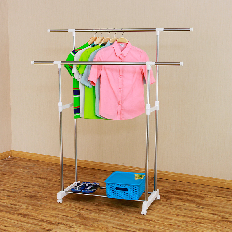 Double Pole Large Capacity Hanging Clothes Display Drying Garment Rolling Rack Stands