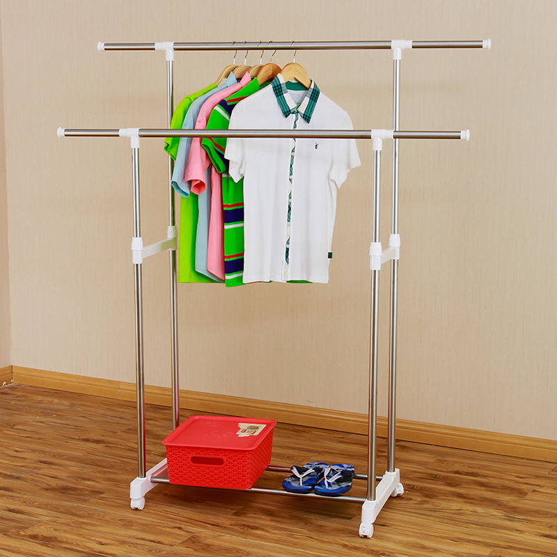 Double Pole Large Capacity Hanging Clothes Display Drying Garment Rolling Rack Stands