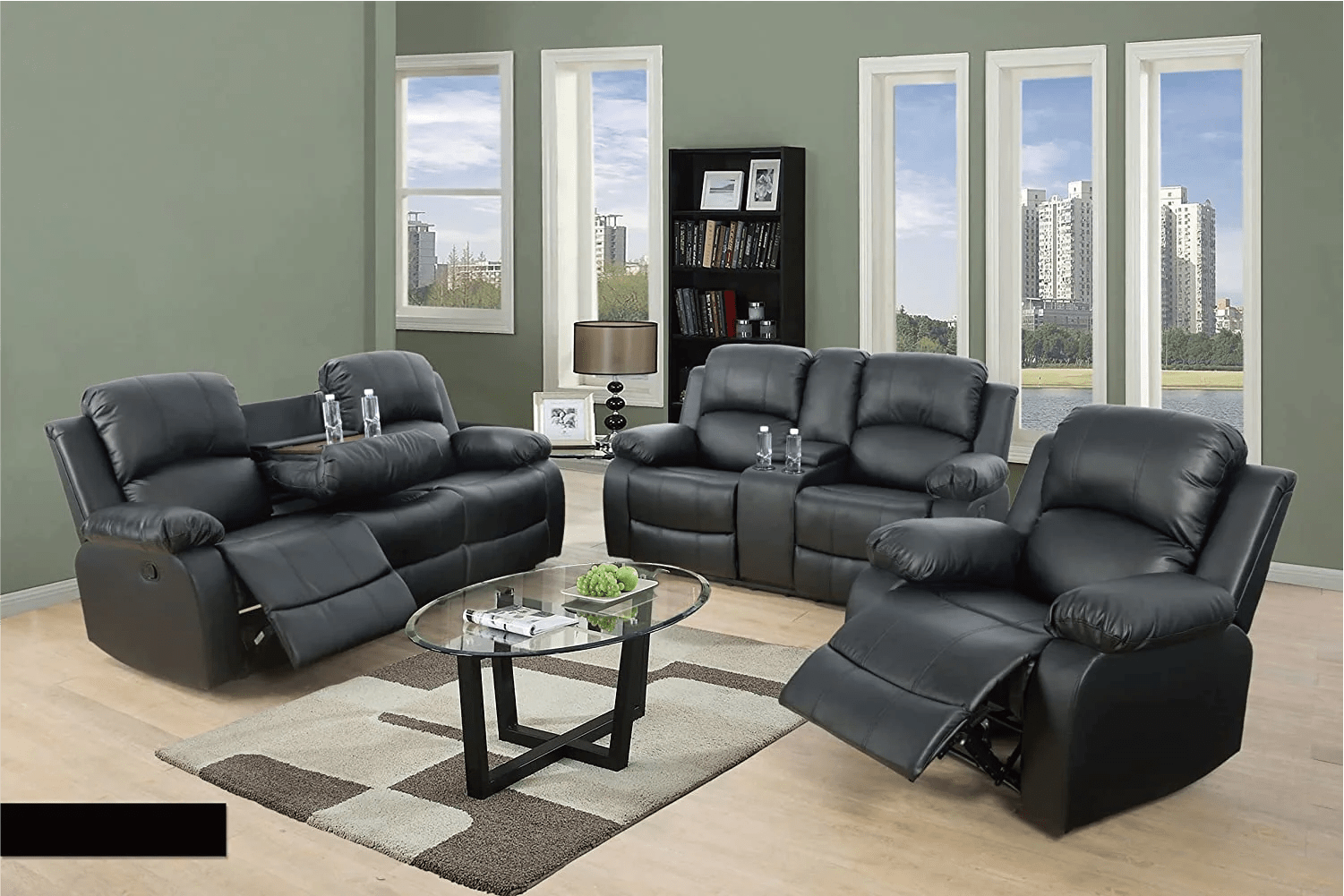 Luxurious Reclining Sofa Set Leather Manual Recliner with Drop down Table for Living Room Home Theater