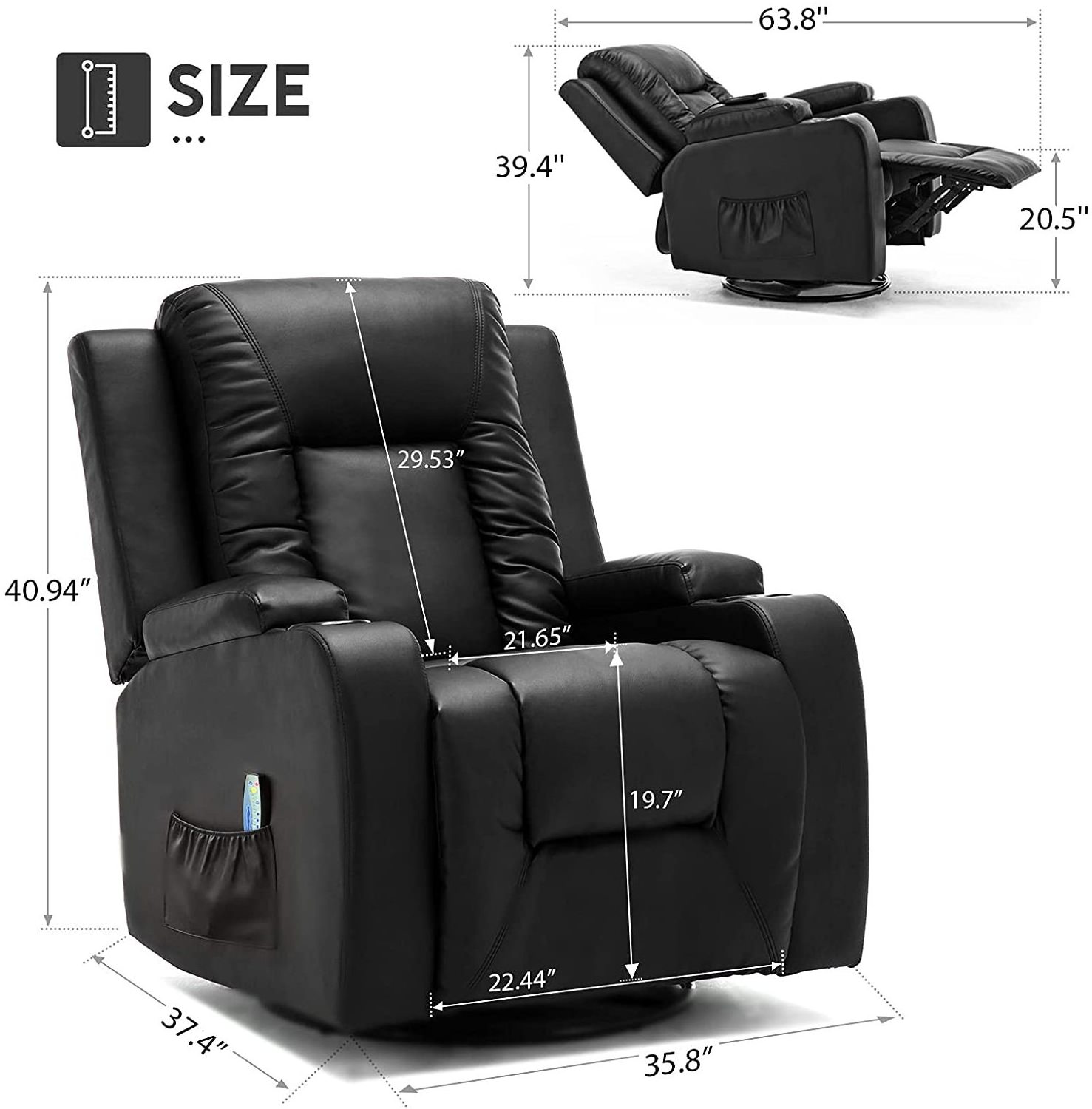 SANS Modern Rocker with Heated Massage Lounge Swivel Leather Recliner Sofa Chair for living room