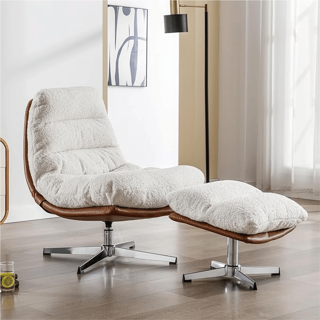 Nordic Modern White Velvet Leisure Accent Swivel Reading Lounge Chair With Ottoman