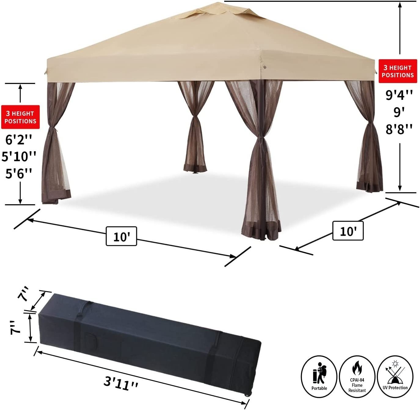 10x10 Pop up Canopy Outside Canopy with 4 Removable nettings with Door