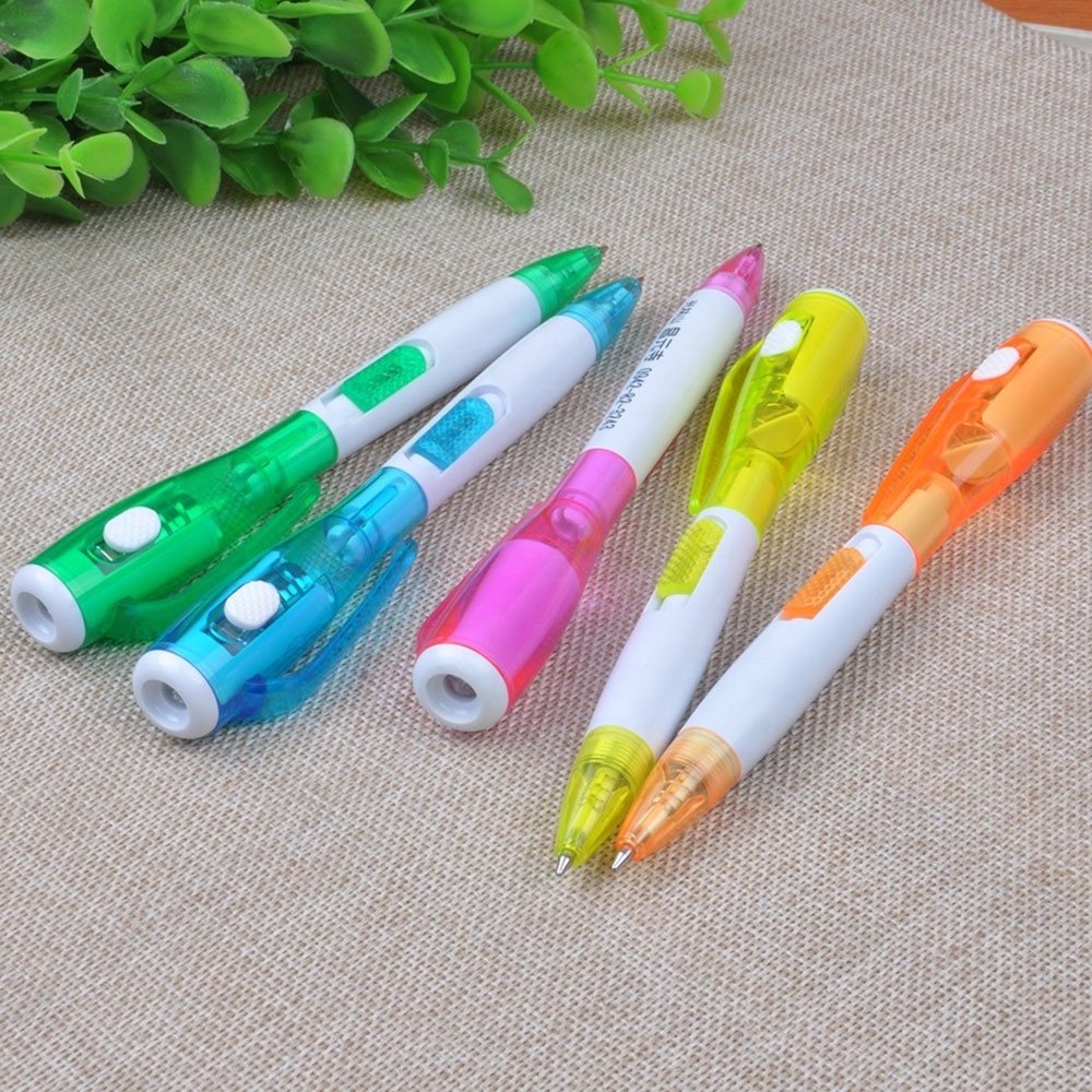 Hot Selling Cheap Multicolor Flashlight Pen Plastic Led Light Ball Pen with Custom Logo